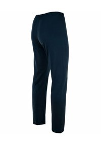 Navy blauwe joggingbroek gemaakt van zachte stof, met een elastische tailleband, rechte snit en geen zichtbare zakken. Glad textuur over het geheel.