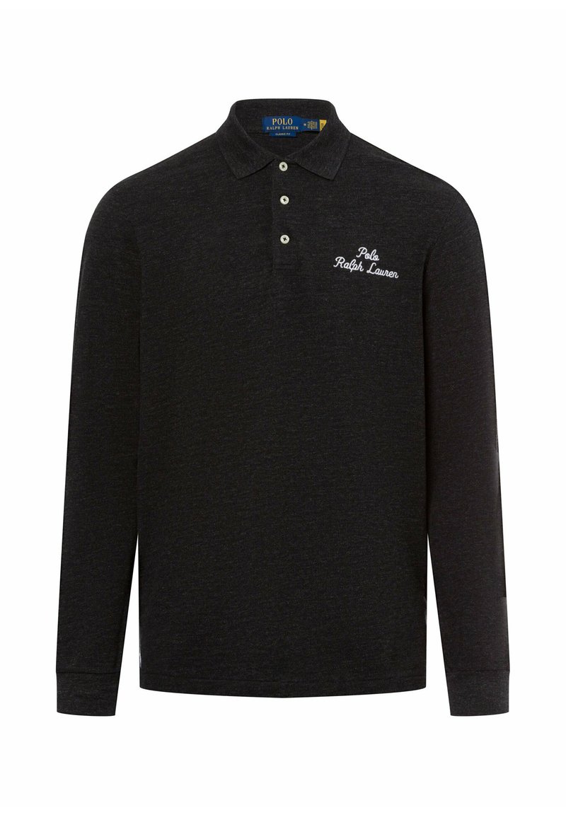 Langärmliges schwarzes Poloshirt aus strukturiertem Stoff mit einer Knopfleiste mit zwei Knöpfen und einem gestickten weißen Logo auf der Brust.