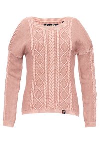 Rosa gestrickter Pullover mit einem strukturierten Design mit Diamanten- und Kabelmustern, gerippten Bündchen und einem weiten Ausschnitt.