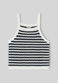 Crop top sans manches en maille rayé noir et blanc avec fines bretelles sur fond gris.