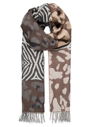 Bufanda larga con patrones mixtos de estampado animal en tonos marrón, beige y negro, con extremos con flecos y una pequeña etiqueta de la marca.