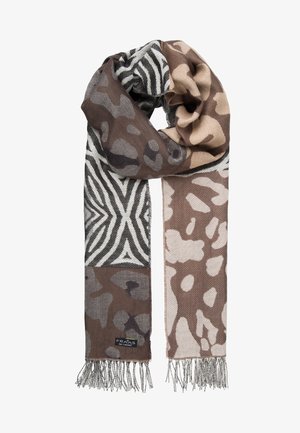 Longue écharpe avec motifs animaliers mélangés en tons marron, beige et noir, dotée d'extrémités à franges et d'une petite étiquette de marque.