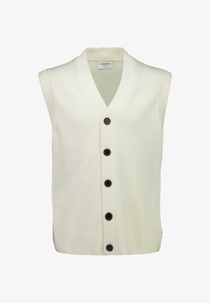 Cárdigan sin mangas crema con textura acanalada, diseño de cuello en V y cinco botones oscuros en la parte delantera. Tela suave, estilo minimalista.