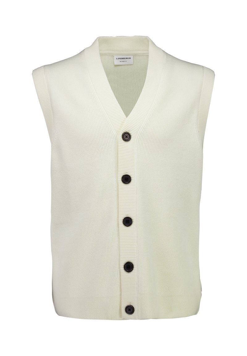 Kremowa kamizelka bez rękawów o fakturze prążkowanej, z dekoltem w serek i pięcioma ciemnymi guzikami z przodu. Miękki materiał, minimalistyczny styl.