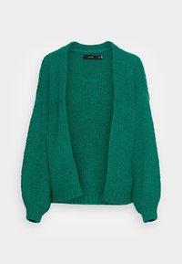 Zelený pletený svetr s hrubou texturou, otevřeným předním dílem a žebrovanými manžetami. Má dlouhé rukávy a volný střih.