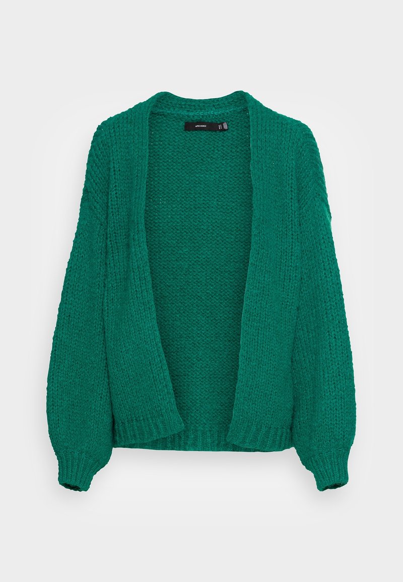 Zelený pletený svetr s hrubou texturou, otevřeným předním dílem a žebrovanými manžetami. Má dlouhé rukávy a volný střih.