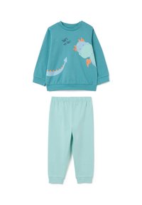 Conjunto de dos piezas para niño pequeño que incluye una sudadera de manga larga color verde azulado con gráfico de dragón y pantalones a juego de color azul claro con cintura elástica.