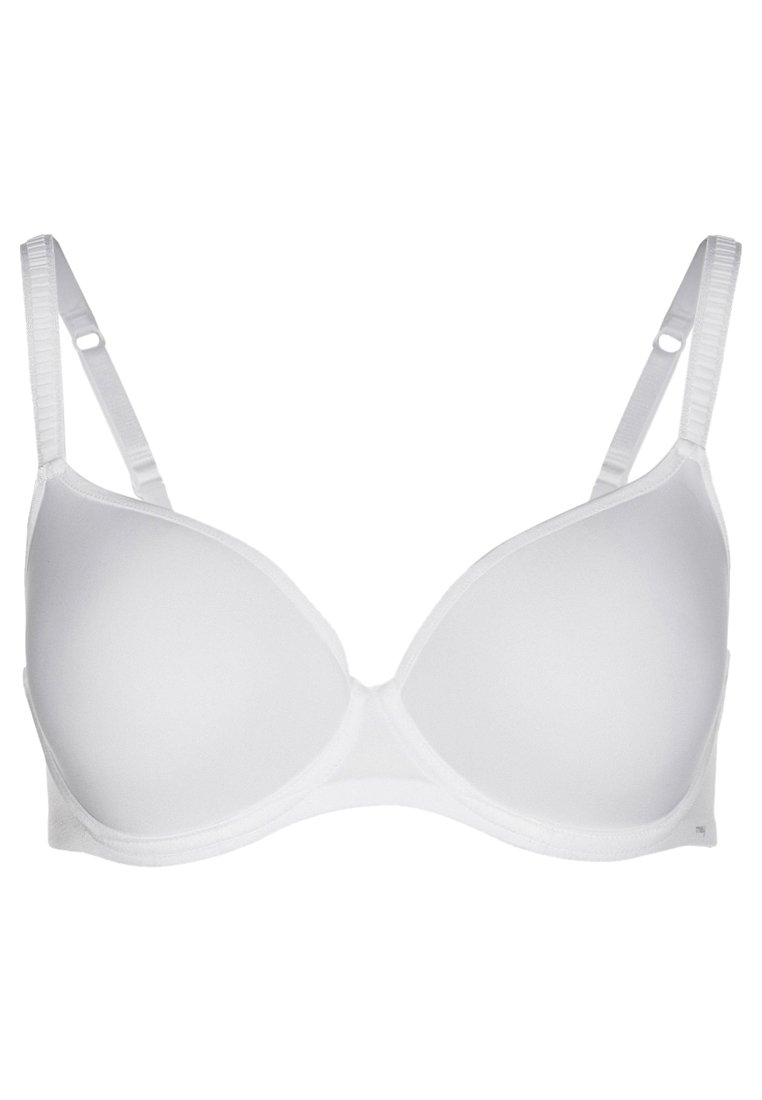 White padded bra with adjustable straps, smooth texture, and a seamless design. Featureless cups and a simple hook closure at the back.