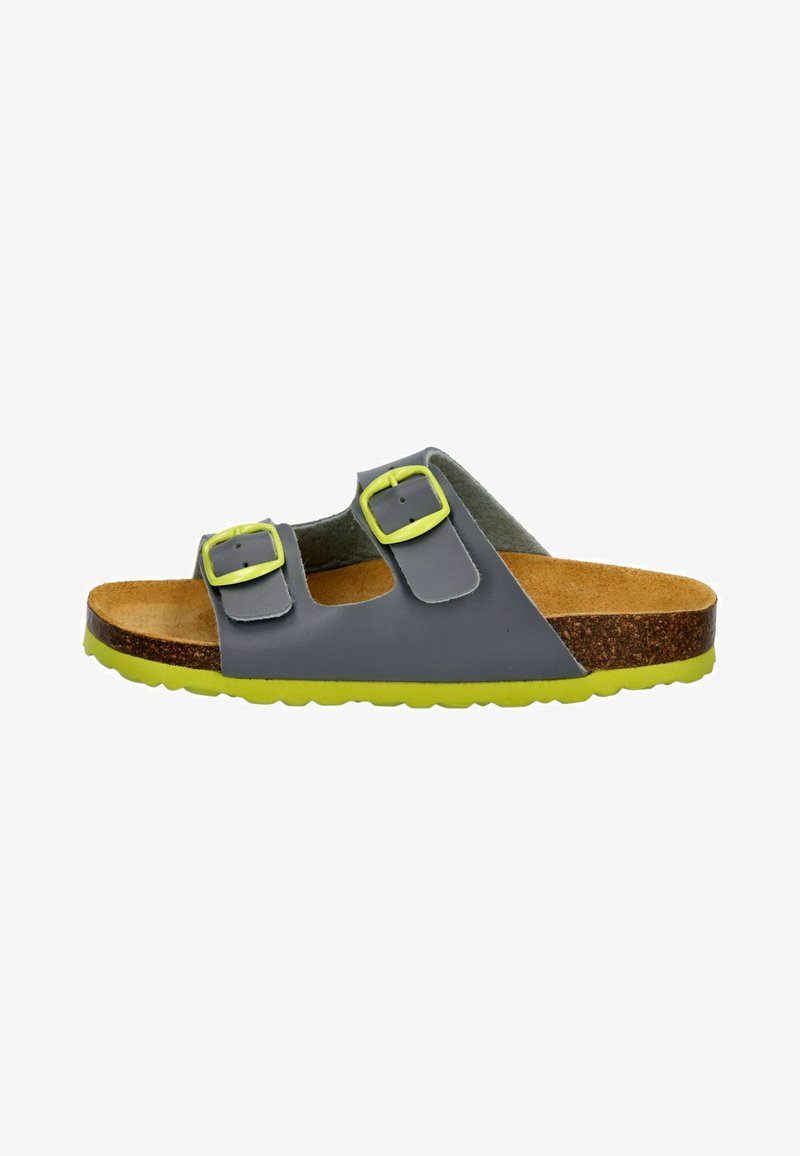 Gray sandal with two adjustable straps featuring lime green buckles, cork footbed, and textured rubber outsole.