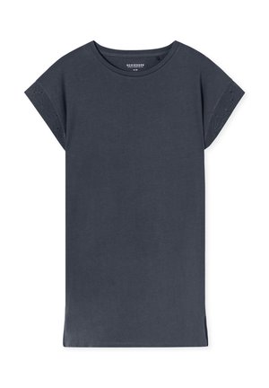 Dunkelgraues, kurzärmliges T-Shirt mit gestickten Akzenten an den Ärmeln, aus weichem Stoff gefertigt, mit lockerer Passform und rundem Ausschnitt.