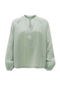 Blusa a maniche lunghe verde chiaro con colletto alla mandarino, parte anteriore plissettata e polsini elastici. Realizzata in tessuto leggero e strutturato.