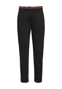 Zwarte broeken met een slim fit, gemaakt van duurzaam materiaal. Voorzien van een leren riem, voorzakken en een gladde textuur.