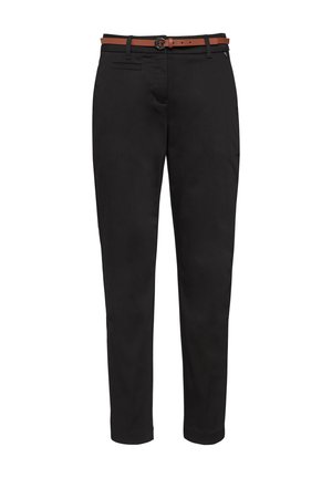 Black trousers with a slim fit, made of durable fabric. Features a brown belt, front pockets, and a smooth texture.