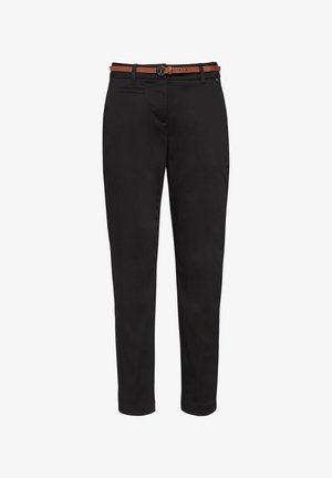 Black trousers with a slim fit, made of durable fabric. Features a brown belt, front pockets, and a smooth texture.