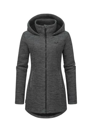 Veste à capuche grise avec fermeture éclair à l'avant, présentant un tissu texturé, des poches latérales et un ourlet courbé. Doublure intérieure douce, design avec capuche.