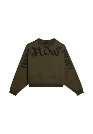 Felpa corta verde oliva in tessuto morbido con scritte grafiche nere "FLOW" e "FREDDY" stampate su davanti e maniche. Polsini e orlo a costine.