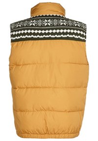 Gul puffig väst med hög krage, featuring ett stickat grön- och vitt mönstrat ok över axlarna och en dräktad nederkant.