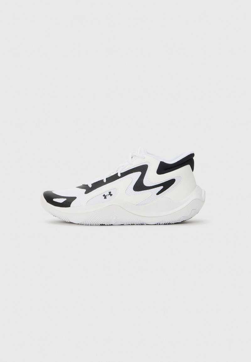 White athletic shoe with black accents, featuring a textured mesh upper, curved design, and rubber sole with patterned tread.