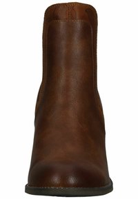 Bottines en cuir brun avec une finition lisse, bout rond et subtils surpiqûres décoratives sur les côtés. Pas de matériel notable.