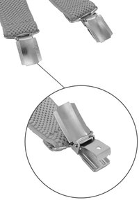 Graue gewebte Hosenträger mit silbernen Metallclips, die einen strukturierten Stoff und rechteckige Befestigungen aufweisen.