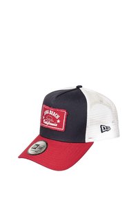 Baseball cap with red visor, navy front, and white mesh back. Features a red patch with "LONG BEACH California" and star graphics. New Era logo on side.