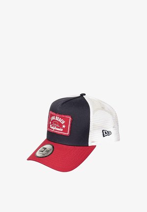 Baseball cap with red visor, navy front, and white mesh back. Features a red patch with "LONG BEACH California" and star graphics. New Era logo on side.