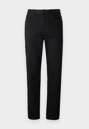 Zwarte denim jeans met een rechte pasvorm, voorzien van vijf zakken, riemlussen en een knoopsluiting. Glad textuur en minimalistisch ontwerp.