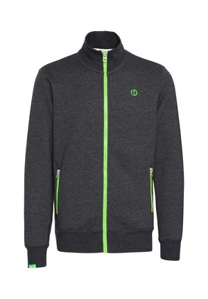 Pelēks zip-up džemperis ar augstu apkakli, ar zaļiem akcentiem uz rāvējslēdzēja un kabatu atverēm. Izgatavots no teksturēta auduma.