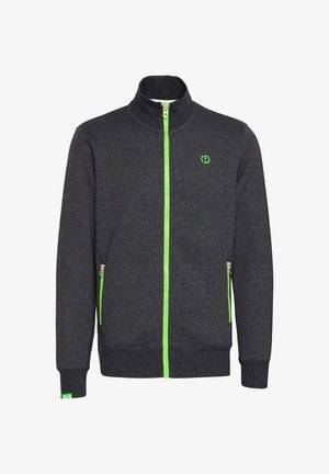 Gray zip-up jacket with a high collar, featuring green accents on the zipper and pocket openings. Made of textured fabric.