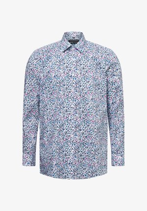 Langarmhemd aus Baumwolle, mit einem hellblauen Hintergrund und einem mehrfarbigen Blumenmuster in Rosa, Grün und Marineblau.