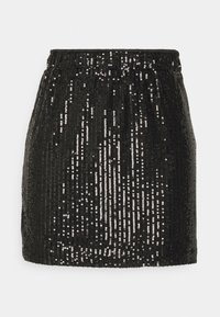 Svart paljettkjol med en texturerad yta; har ett elastiskt midjeband och en rak form. Skinande paljetter arrangerade vertikalt över hela kjolen.