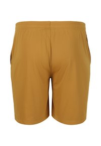 Bruna badshorts i slät tyg med flexibel midjeband, med sidofickor och en ren, enkel design.