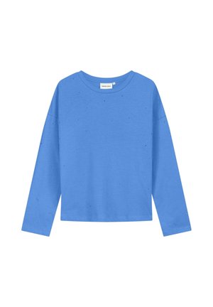 Lichtblauw shirt met lange mouwen en ronde hals, voorzien van kleine verspreide strassteentjes op de voorkant en mouwen.