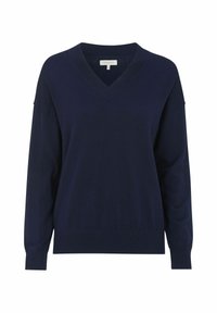 Mörkblå v-ringad tröja, långärmad, ribbade ärmslut och nederkant, tillverkad av mjukt tyg med avslappnad passform och subtil textur.