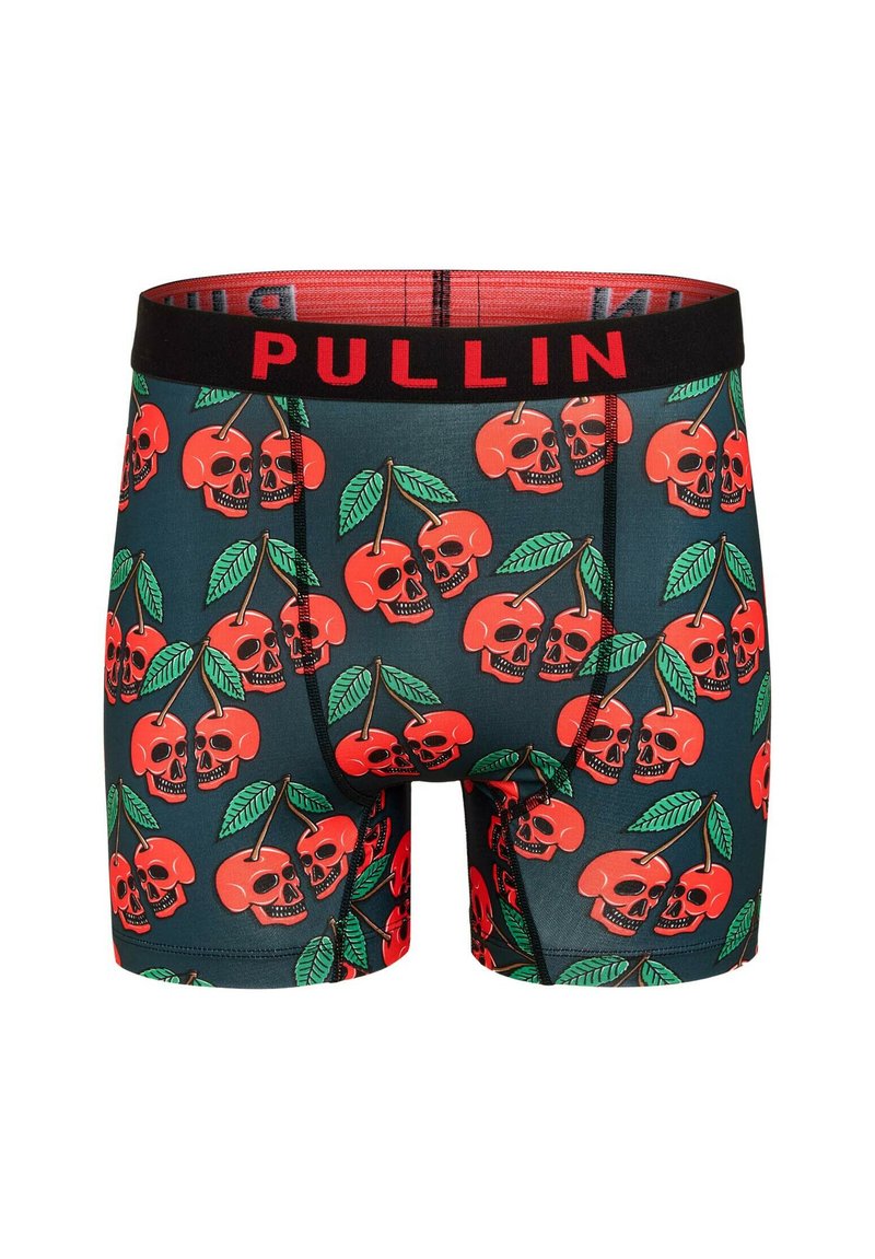 Boxer-briefs pour hommes en bleu foncé avec un motif répété de têtes de mort rouges et de cerises, présentant une ceinture noire avec "PULLIN" en rouge.
