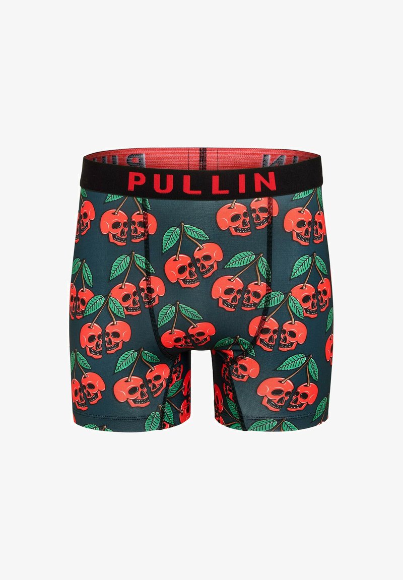 Boxer-briefs pour hommes en bleu foncé avec un motif répété de têtes de mort rouges et de cerises, présentant une ceinture noire avec "PULLIN" en rouge.