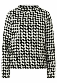 Zwart-wit houndsstooth patroon trui met een ronde hals, lange mouwen en een gestructureerde stofafwerking.