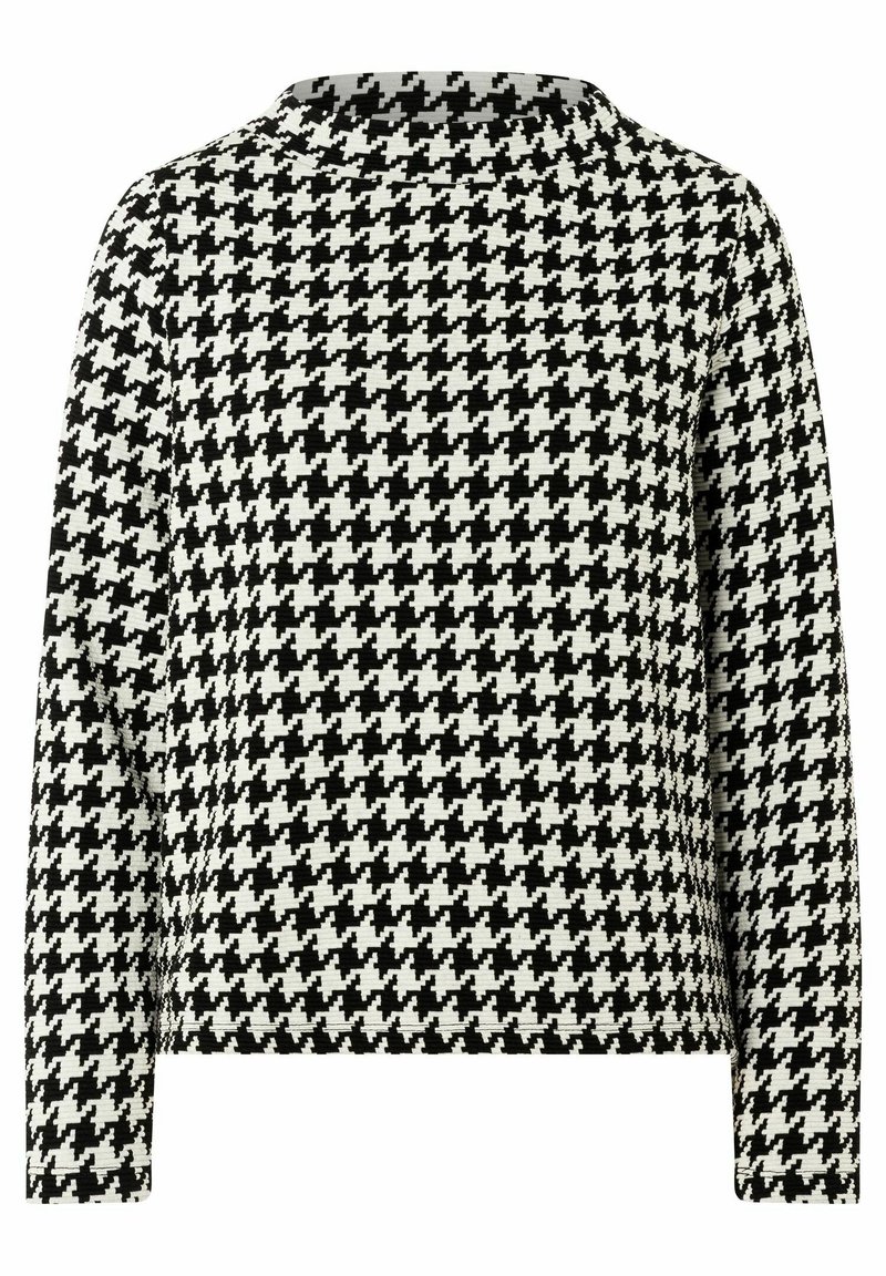 Zwart-wit houndsstooth patroon trui met een ronde hals, lange mouwen en een gestructureerde stofafwerking.
