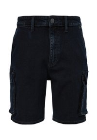 Dunkelblaue Denim-Cargo-Shorts mit geradem Schnitt, ausgestattet mit zwei Seitentaschen, einem Knopfverschluss und sichtbaren Nähten.