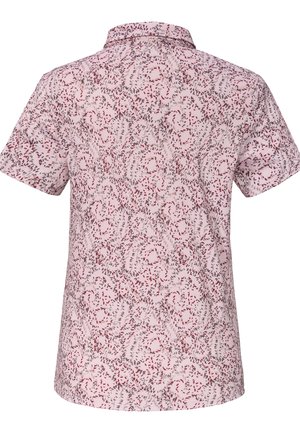 Short-sleeved shirt in pale pink with a swirling floral pattern in red, grey, and white. Features a classic collar and a relaxed fit.
