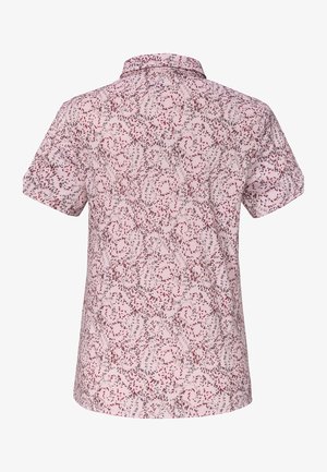 Short-sleeved shirt in pale pink with a swirling floral pattern in red, grey, and white. Features a classic collar and a relaxed fit.