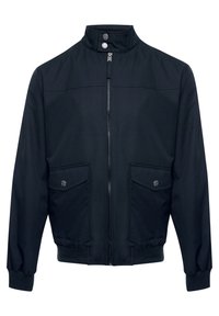Men's dark navy jacket with a stand collar, front zip closure, two chest pockets, ribbed cuffs, and a smooth finish.