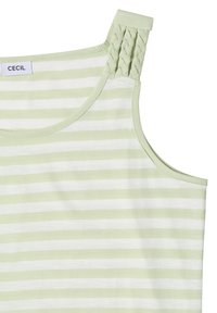 Haut sans manches avec des rayures horizontales vert clair et blanc et des bretelles tressées étiquetées "Cecil" sur une étiquette blanche.