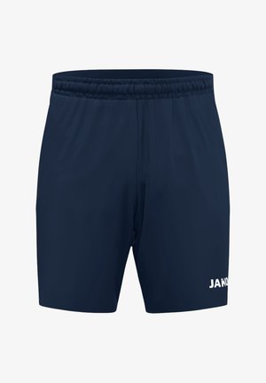 Marineblaue Sportshorts mit elastischem Bund, leichtem Material und weißem "JAKO"-Logo auf der unteren rechten Seite. Keine Taschen.