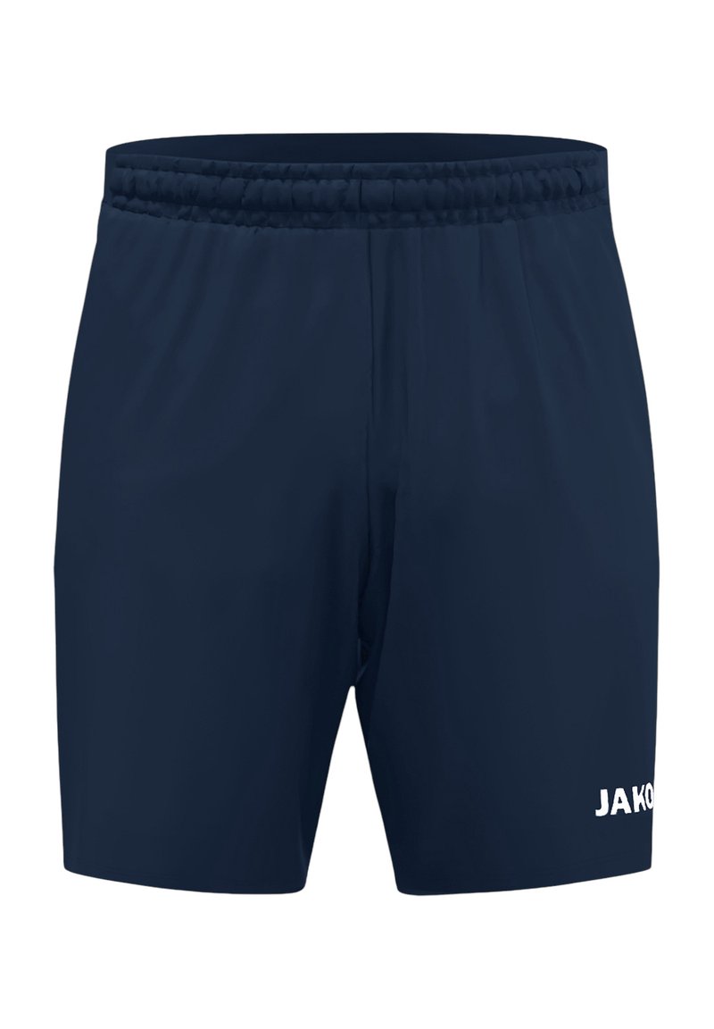 Pantaloni sportivi blu navy con elastico in vita, tessuto leggero e logo bianco "JAKO" sul lato in basso a destra. Senza tasche.