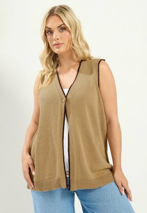 Vrouw draagt een lichtbruine mouwloze gebreide bodywarmer met bruine rand over een wit shirt en blauwe spijkerbroek, staand tegen een lichte achtergrond.