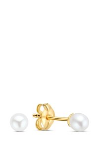 Gouden oorstekers met witte ronde parels, een gladde textuur en veilige vlinderklemmen, ontworpen voor gemakkelijk dragen en een elegante uitstraling.