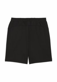 Sorte shorts lavet af blødt stof med elastisk talje, der har et enkelt design og lige snit, uden lommer eller synlige mønstre.