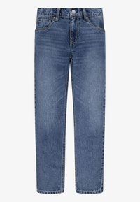 Jeans de mezclilla azul oscuro con corte recto, diseño de cinco bolsillos y cierre de botones. La tela presenta un ligero desgastado y costuras en contraste.