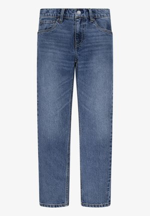 Jean en denim bleu foncé avec une coupe droite, un design à cinq poches et une fermeture à bouton. Le tissu présente un léger décoloration et des coutures contrastées.